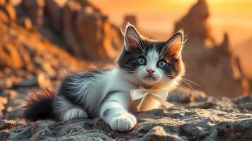 A kitten with a bow tie sitting on a rock photo