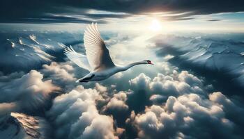 A swan flying over the clouds in the sky photo