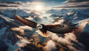 An eagle flying over the mountains with clouds in the background photo