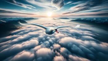 A swan flying over the clouds at sunset photo