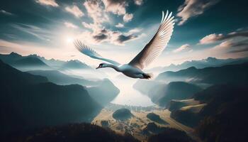 A white swan flying over a mountain range photo