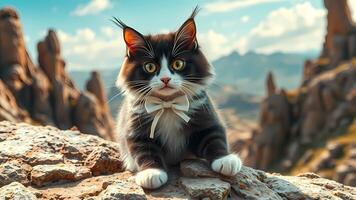 A cat with a bow tie sitting on top of a mountain photo