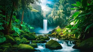 Tranquil Waterfall in Lush Tropical Forest. Nature Background for Relaxation and Serenity photo