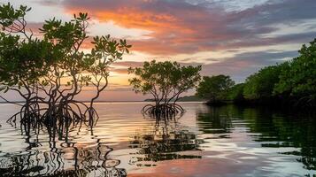 Sunset Serenity in Mangrove Forest. Peaceful Nature Background for Relaxation and Travel Concepts photo