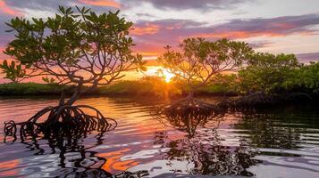 Sunset Serenity in Mangrove Forest. Peaceful Nature Background for Relaxation and Travel Concepts photo