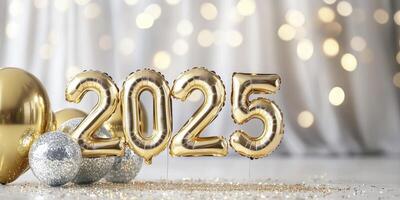A gold balloon with the number 2025 on it. There are disco ball in the background photo