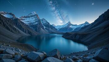 Snow-Capped Peaks Under a Starry Night Sky photo