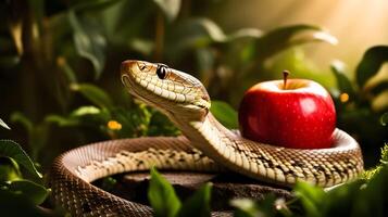 Adam and Eve concept, a snake with an apple photo