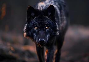 A black wolf on a blurred background of nature photo