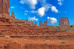 Panoramic picture of the glowing red geological sandstone formations in Monument Valley photo