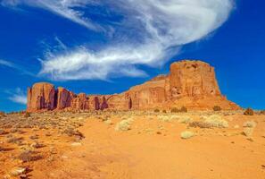 Panoramic picture of the glowing red geological sandstone formations in Monument Valley photo