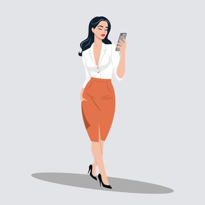 Business woman using smartphone. Flat illustration on a light grey background. Digital communication concept.
