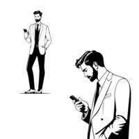 Businessman using smartphone in different poses. Digital communication and professional lifestyle concept. vector
