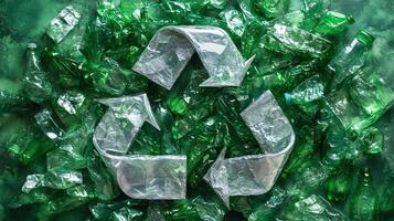 Conceptual image of a recycle symbol formed with crushed transparent plastic bottles highlighting eco-friendliness photo