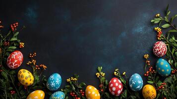 Happy Easter greeting background with Easter eggs. Colorful easter eggs background with copy space area for text photo