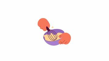 Hands of chef mixing dough in bowl 2D animation. Bakery product preparation cartoon flat 4K , alpha channel. Baker steering ingredients with whisk animated arms isolated on white background video