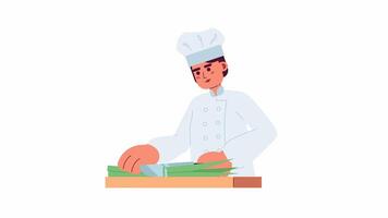 Female chef cutting green onion on board cartoon animation. Vegan cuisine recipes 4K motion graphic. Caucasian female working at kitchen animated 2D character isolated on white background video