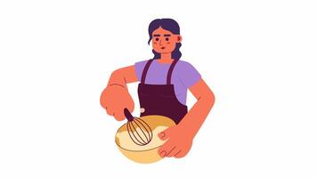 Hispanic woman whipping cream with whisk cartoon animation. Dough making process 4K motion graphic. Female mixing substance in bowl animated 2D character isolated on white background video