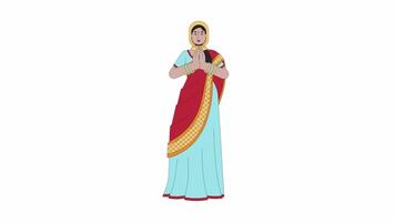 Saree young woman praying on Diwali cartoon animation. Worship of Lakshmi. Deepawali celebration 4K motion graphic. Sari beautiful female animated 2D character isolated on white background video