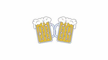 Glass mugs with fresh foamy beer 2D object animation. Oktoberfest traditional drink cartoon 4K , alpha channel. Craft brewery products presentation animated flat item on white background video