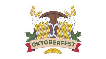 Festival de outubro emblema com Cerveja canecas desenho animado animação. feliz outono festa dentro Alemanha 4k movimento gráfico. álcool bebidas com ingredientes animado 2d objetos isolado em branco fundo video