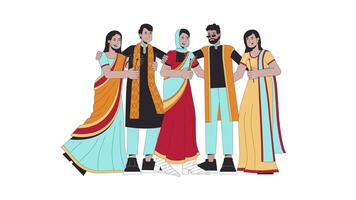 Diwali festival sparkles cartoon animation. Happy Deepawali 4K motion graphic. Hugs friends. Celebrating indians south asians in ethnic wear animated 2D characters isolated on white background video
