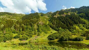 forêt couvert Montagne et une petit Lac avec en mouvement des nuages. paysage laps de temps . route Lac dans savsat district de artvin dans Turquie. video