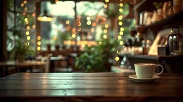 A cup of coffee on a table in a restaurant photo
