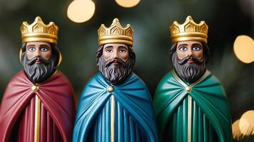 Three colorful figurines of the Three Wise Men in crowns, symbolizing Epiphany and Christmas traditions video