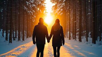 uma caucasiano casal detém mãos enquanto caminhando através uma Nevado floresta às pôr do sol, simbolizando romance e inverno feriados tal Como dia dos namorados dia video
