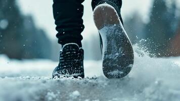 Close up of a person running through snow, capturing winter activity and outdoor adventure concepts video