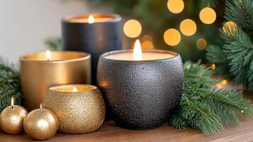 Lit candles in gold and black holders with evergreen branches, symbolizing Christmas and cozy ambiance video