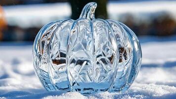 Glass pumpkin sculpture on snow, symbolizing winter holidays and Thanksgiving decoration concepts video