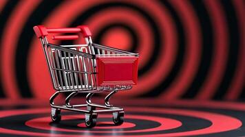 A red shopping cart sits on a target themed background, symbolizing Black Friday and retail sales video