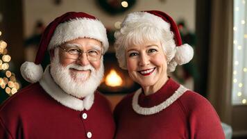 Elderly Caucasian couple in Santa hats smiling joyfully in front of a cozy fireplace, symbolizing Christmas and festive warmth video