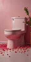 Pink toilet bowl with flowers photo