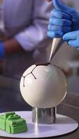 Confectioners decorating cakes in the confectionary. Two cooks working with sweets at the metal table. Blurred backdrop. Vertical video