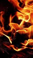 Bright fire motion. Sparkles of red and yellow flame from smoldered logs. Wooden stick beats a black log in the burning fire. Slow motion. Vertical video