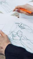 Process of drawing sketches of a model dress on papers by a female tailor. Professional designer draws illustrations for future dresses with a pencil on the table in atelier. Vertical video