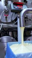 Liquid butter pouring into a large box. Use of spatula to flatten the dairy product in the container. Factory worker holding his hand at the faucet to stop the flow of butter. Vertical video
