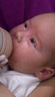 Toddler eating milk from bottle and closing sleepy eyes. Baby gradually falling asleep while eating. Close up. Vertical video