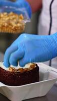 Chocolate cake in individual box being decorated. Gloved hand puts peanuts on top of the dessert. Blurred backdrop. Vertical video