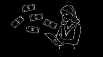 Stop motion of a career woman writing financial notes, dollar bills in front of her are designed with random scribbles on a black background video