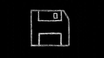 Diskette icon designed with handwriting on black background. Data storage. Computer hardware designed with freehand writing video