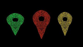 Set of map pins designed with pencil strokes on a black background video