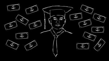 Illustration of a young bachelor and a dollar bill designed with random scribbles. Stop motion Education and finance on a black background video