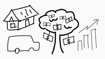 Money tree animation on white background, house and car designed with pencil randomly video