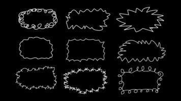 White curly bubbles on black background, random freehand line frame video