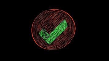 Check mark free writing from green pencil red border. Check mark symbol black background. Correct icon in stop motion form video