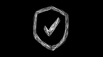 Shield symbol with check mark designed with white ink pencil. Protection and security symbol on black background. video